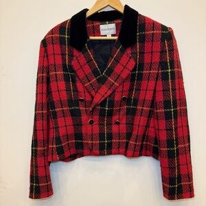 Vintage 90s Red Plaid Wool Blend Velvet Short Blazer Jacket womens 12
